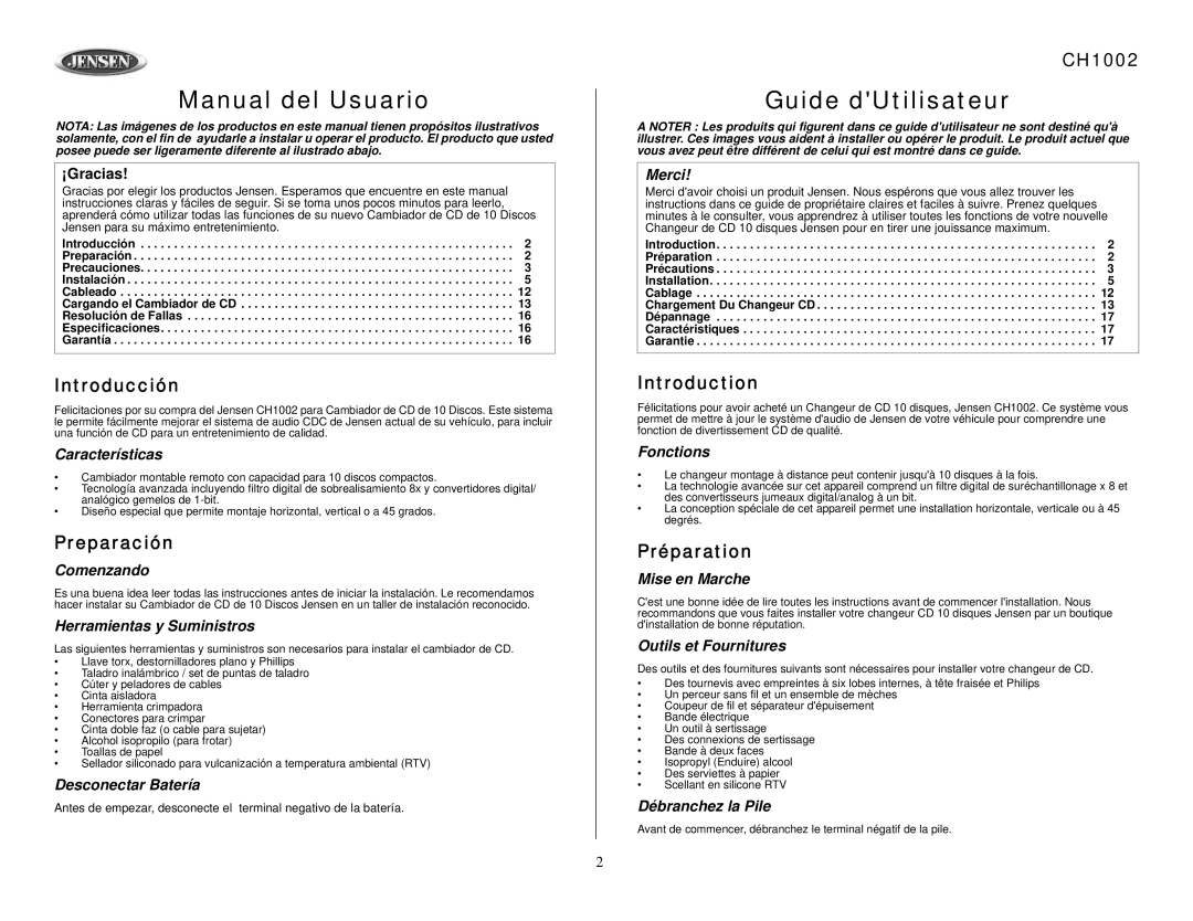 Jensen CH1002 owner manual Introducción, Preparación, Préparation 