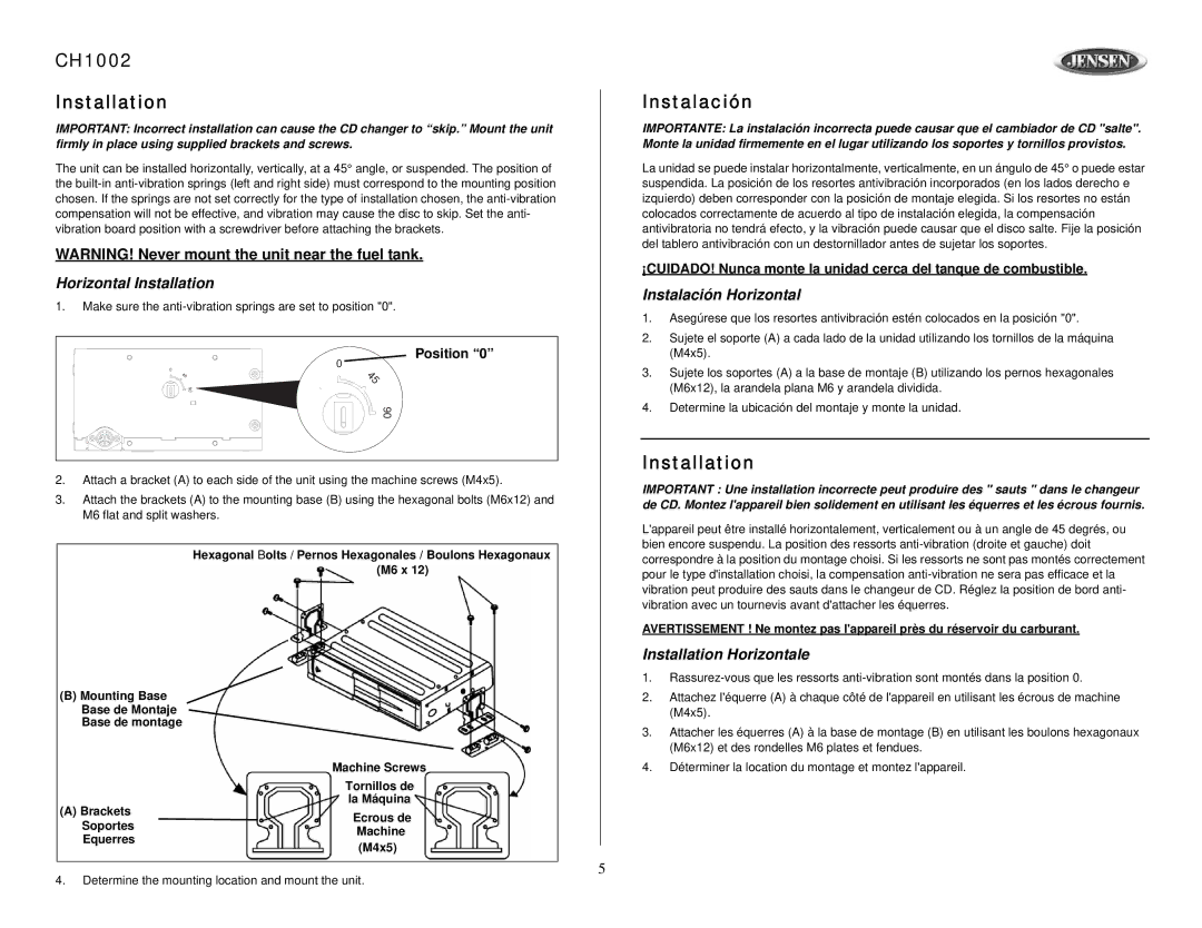 Jensen owner manual CH1002 Installation, Horizontal Installation, Instalación Horizontal, Installation Horizontale 