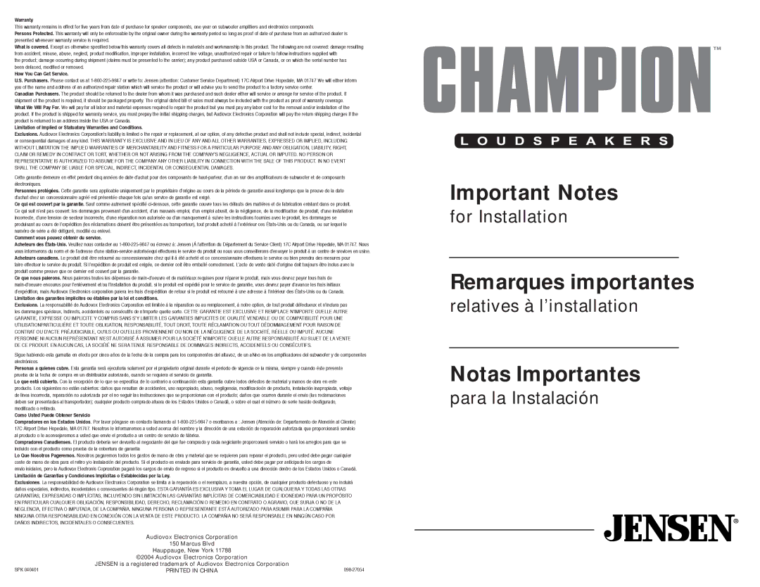 Jensen Champion warranty Important Notes 