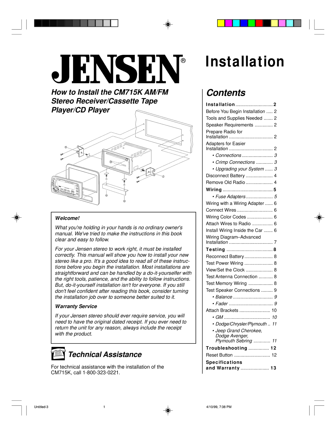 Jensen CM715K specifications Installation, Contents 