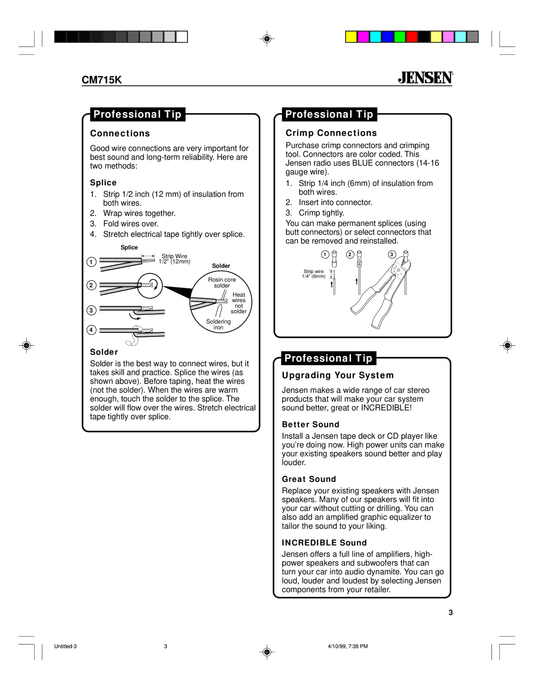 Jensen CM715K specifications Crimp Connections, Upgrading Your System 