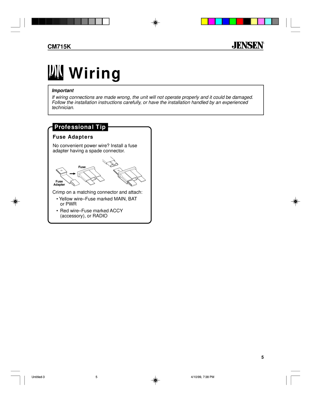 Jensen CM715K specifications Wiring, Fuse Adapters 