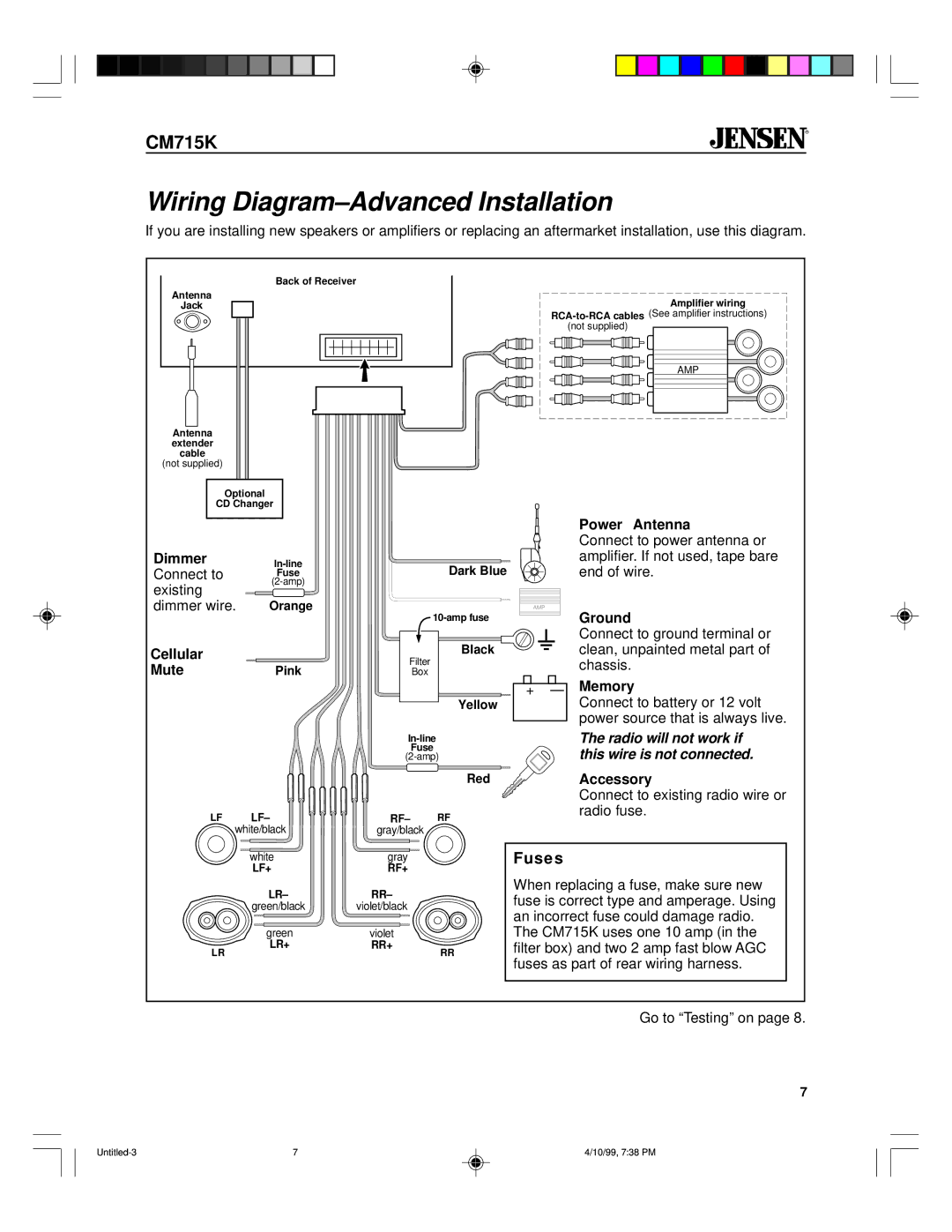 Jensen CM715K specifications Wiring Diagram-Advanced Installation, Fuses 