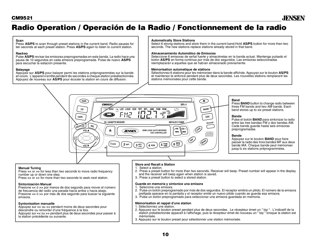 Jensen CM9521 Scan, Rastreo, Balayage, Automatically Store Stations, Almacenamiento Automático de Emisoras, Manual Tuning 