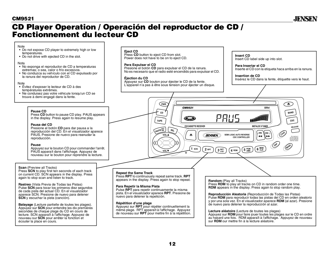 Jensen CM9521 Pause CD, Pausa del CD, Eject CD, Para Expulsar el CD, Éjection du CD, Insert CD, Para Insertar el CD 