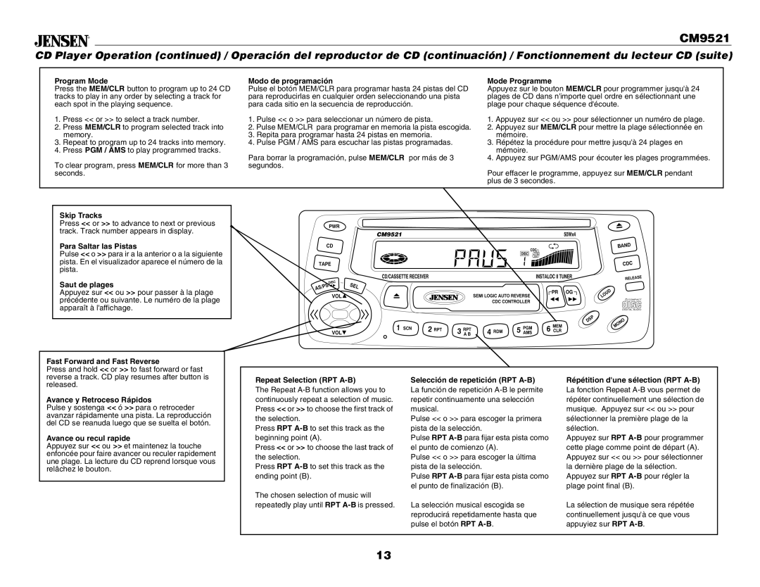 Jensen CM9521 Program Mode, Modo de programación, Mode Programme, Skip Tracks, Para Saltar las Pistas, Saut de plages 