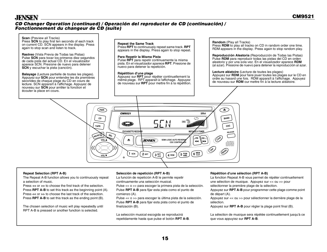 Jensen CM9521 owner manual Repeat the Same Track, Para Repetir la Misma Pista 
