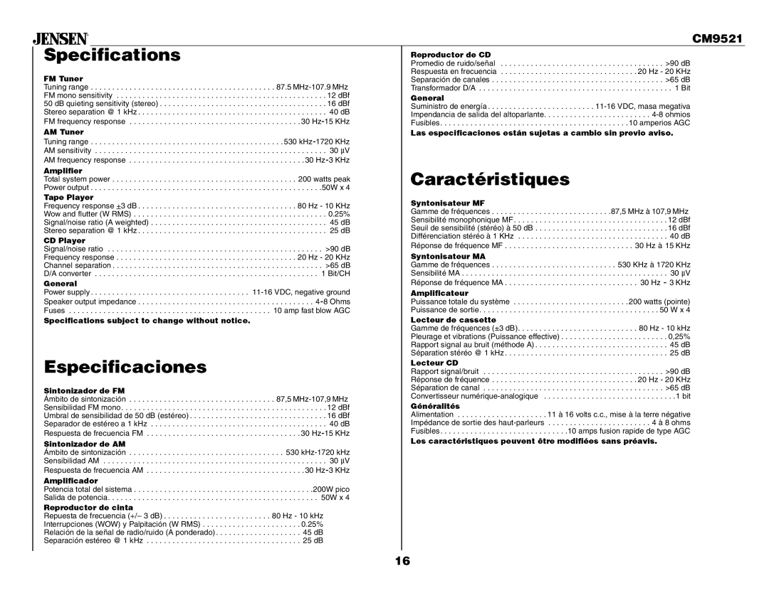 Jensen CM9521 owner manual FMSpecificationsTuner 