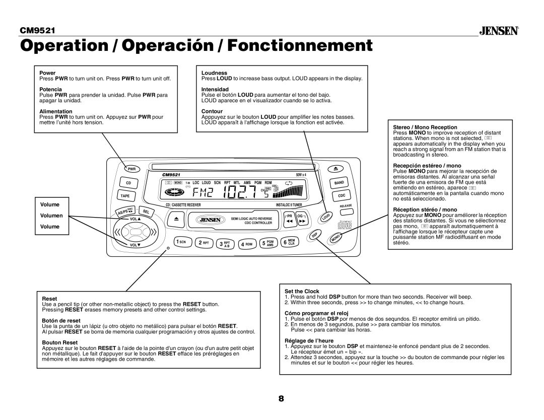Jensen CM9521 Power Loudness, Potencia Intensidad, Alimentation Contour, Stereo / Mono Reception, Recepción estéreo / mono 