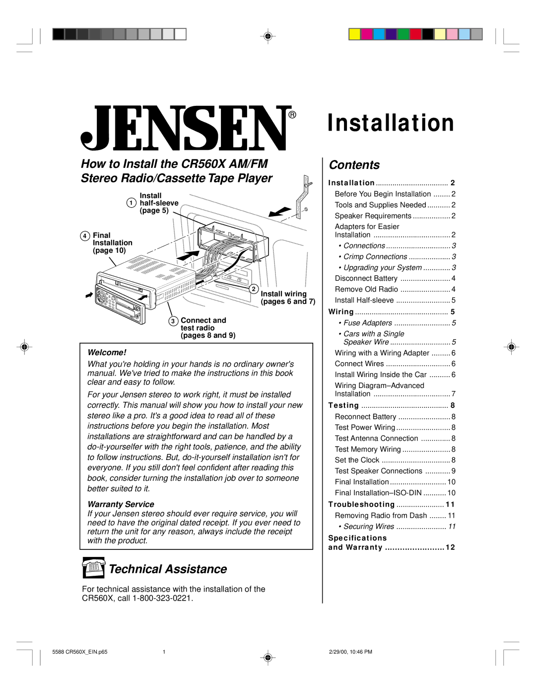 Jensen CR560X specifications Technical Assistance, Contents 