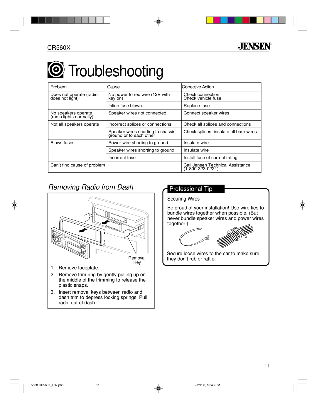 Jensen CR560X specifications Troubleshooting, Removing Radio from Dash, Securing Wires 