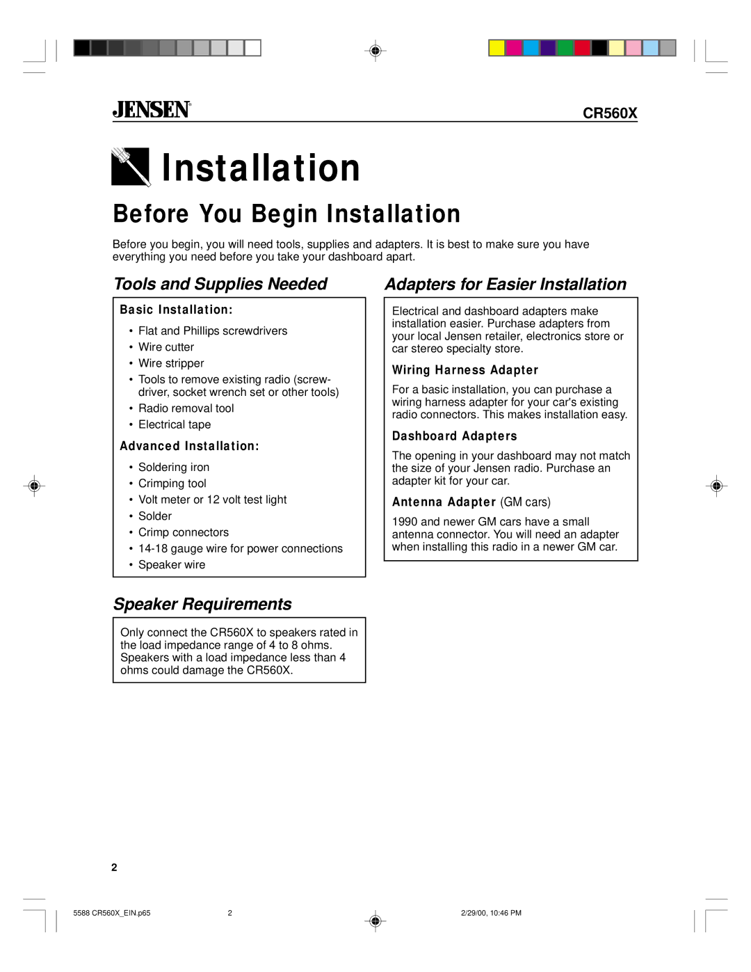 Jensen CR560X specifications Tools and Supplies Needed, Adapters for Easier Installation, Speaker Requirements 