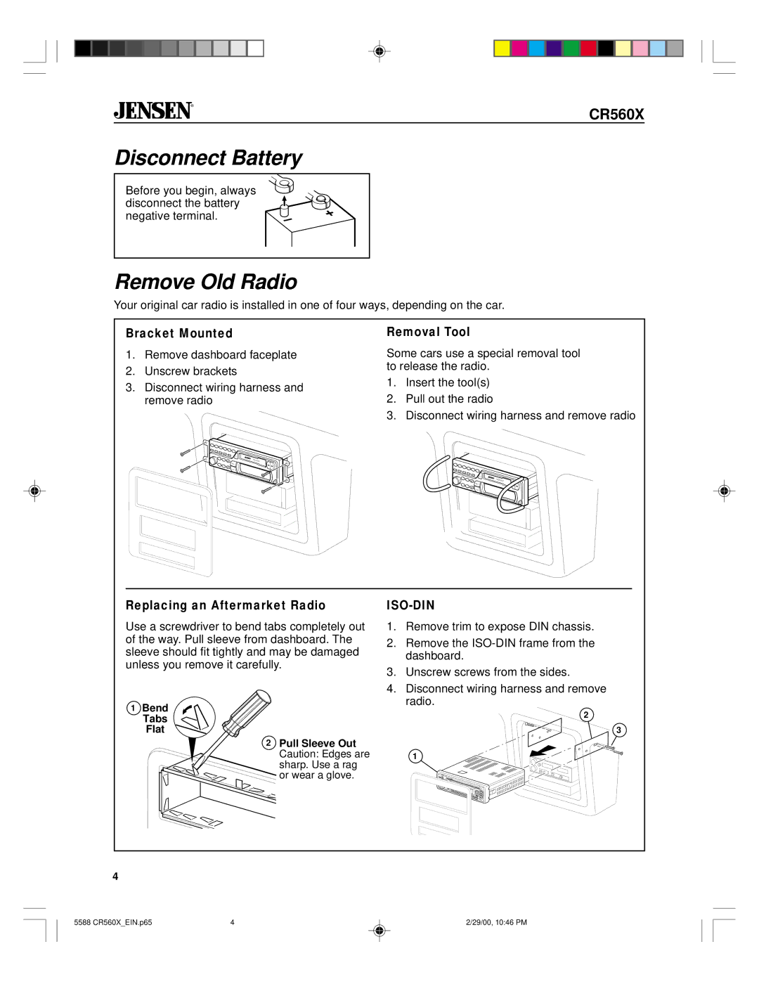 Jensen CR560X Disconnect Battery, Remove Old Radio, Bracket Mounted, Removal Tool, Replacing an Aftermarket Radio 