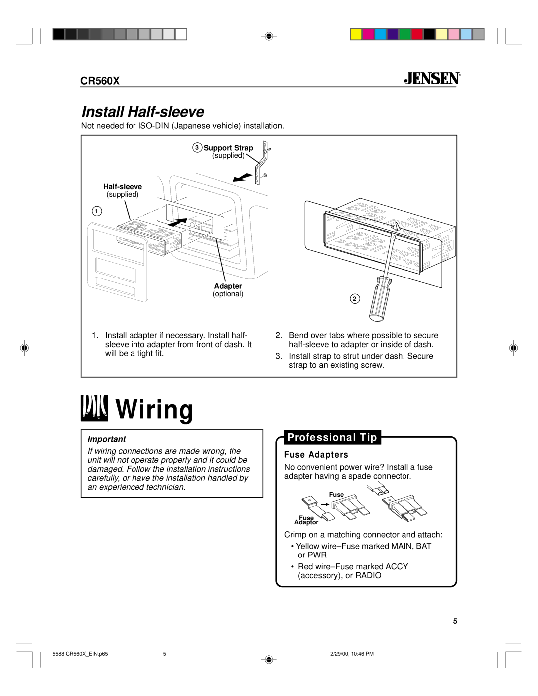 Jensen CR560X specifications Wiring, Install Half-sleeve, Fuse Adapters 