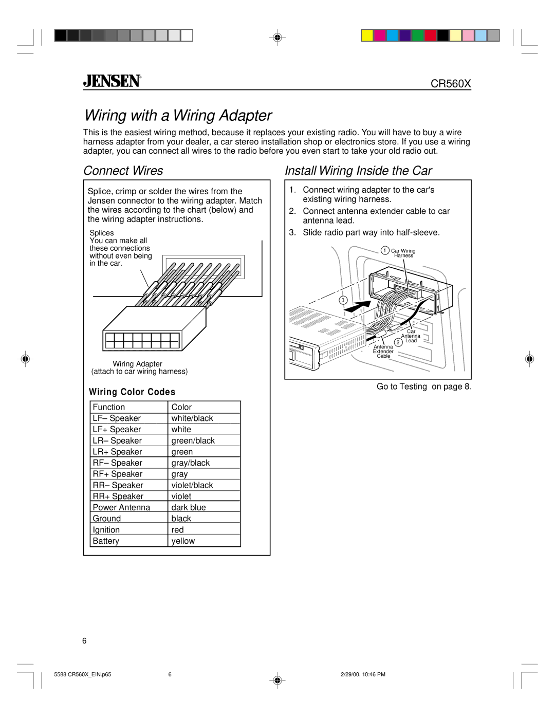 Jensen CR560X specifications Wiring with a Wiring Adapter, Connect Wires, Wiring Color Codes 