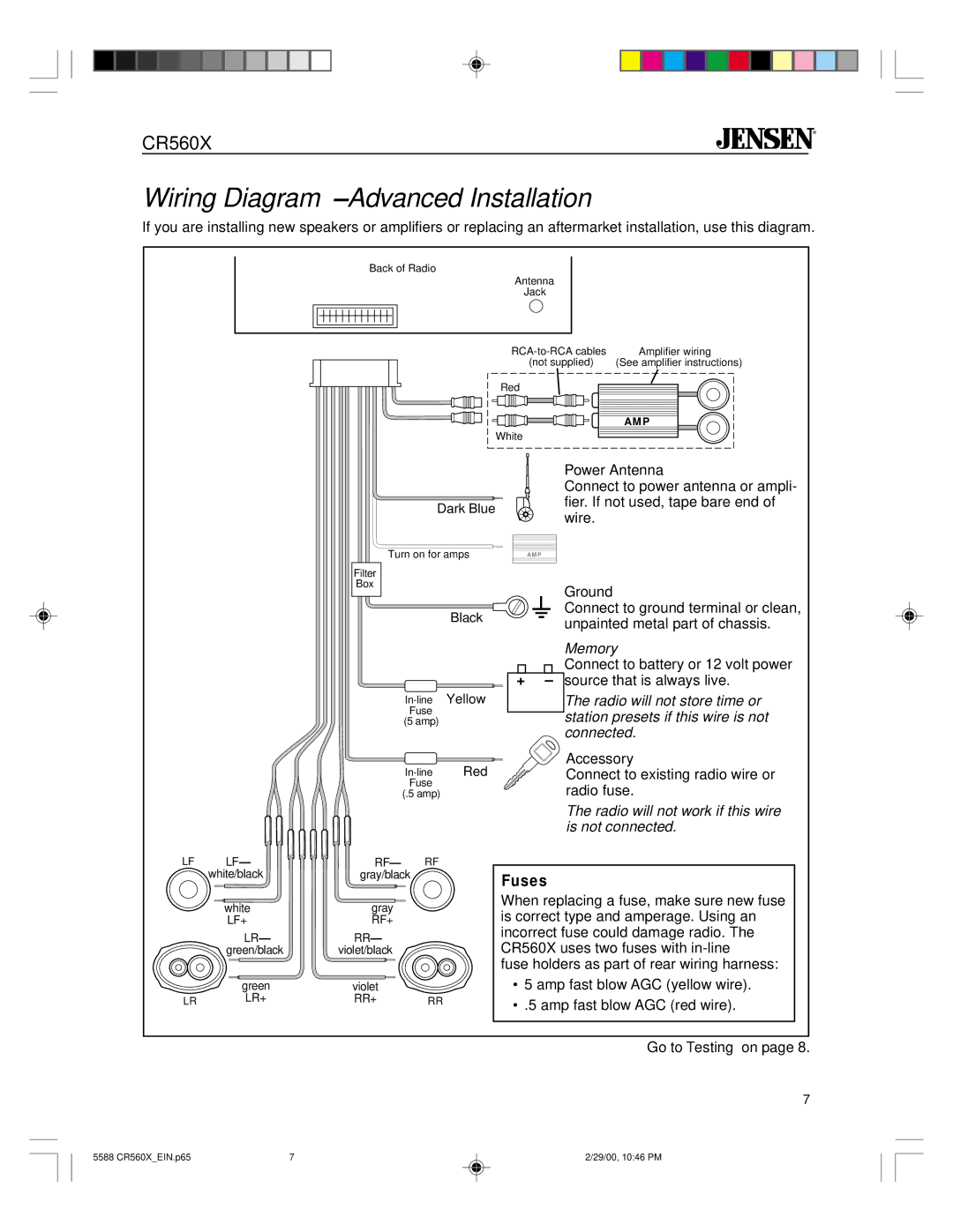 Jensen CR560X specifications Wiring Diagram-Advanced Installation, Fuses 