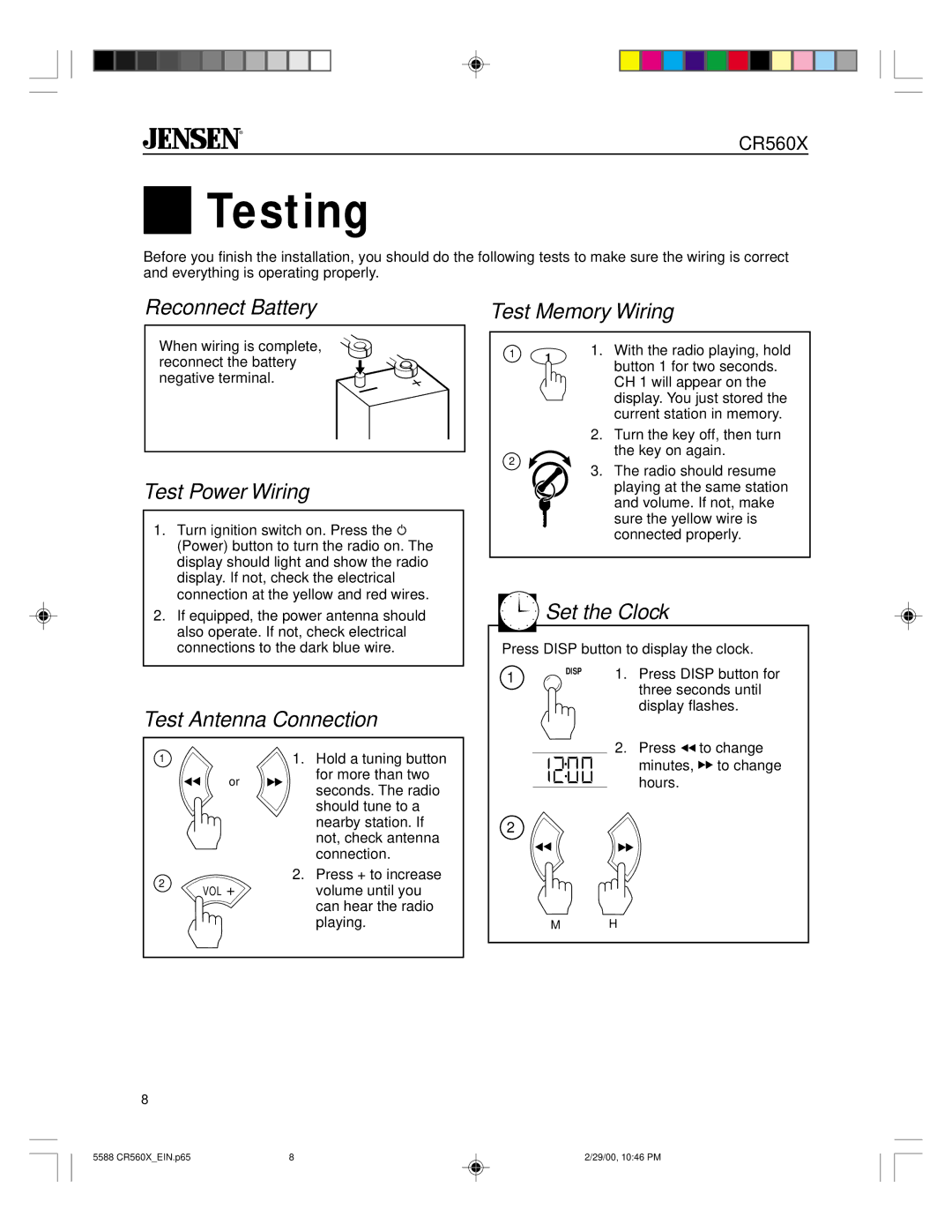 Jensen CR560X specifications Testing, Reconnect Battery, Test Power Wiring, Test Antenna Connection, Set the Clock 