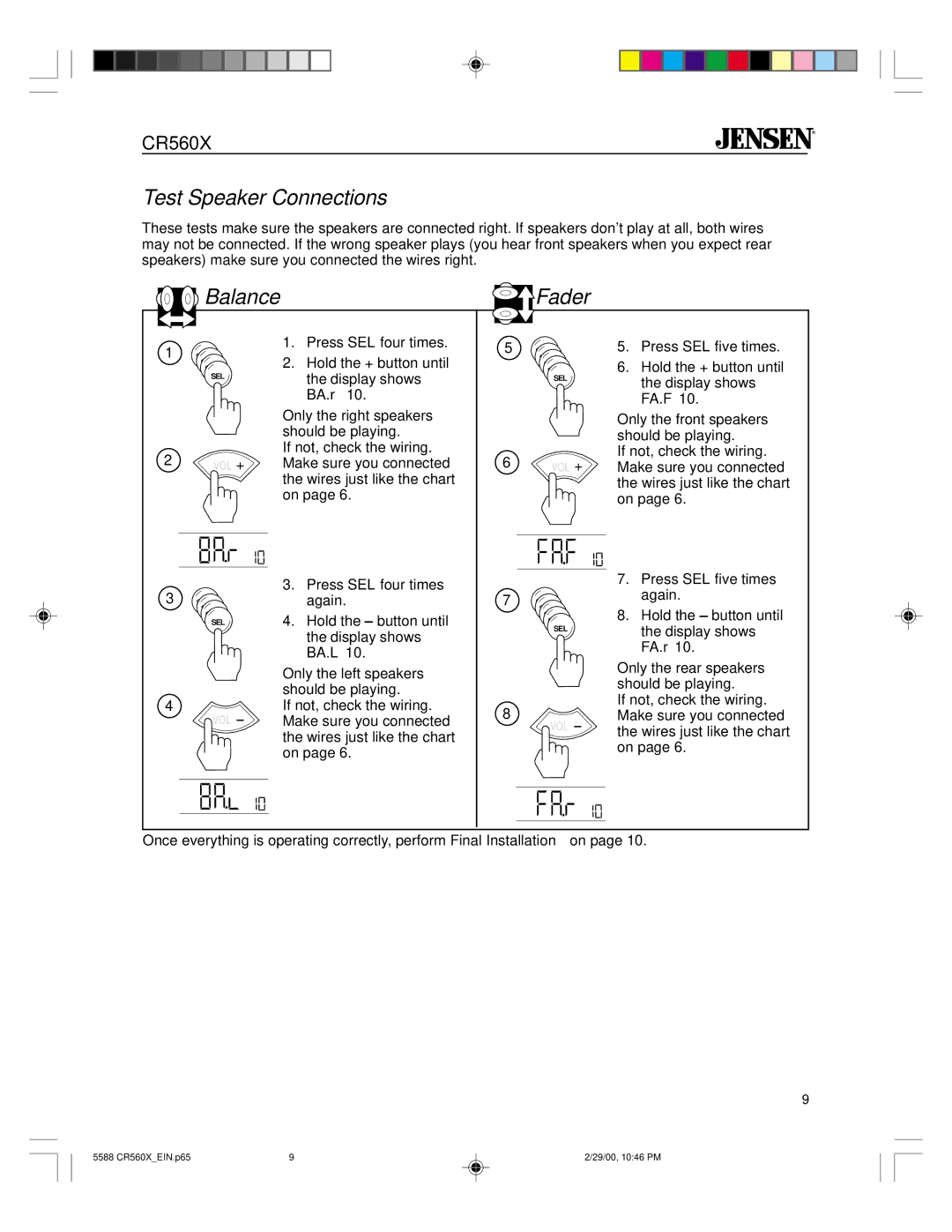 Jensen CR560X specifications Test Speaker Connections, Balance Fader 