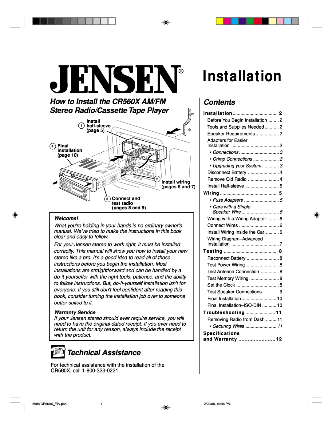 Jensen CR560X specifications Technical Assistance, Contents, Installation, Upgrading your System, Fuse Adapters 