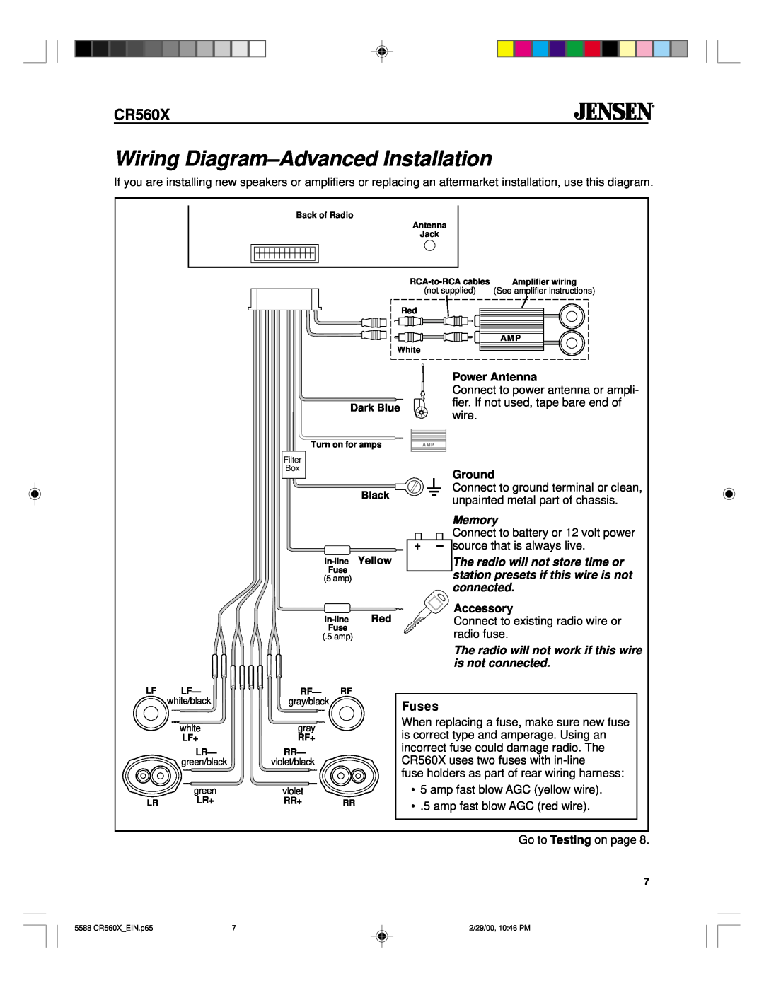 Jensen CR560X specifications Wiring Diagram-AdvancedInstallation, Fuses, Power Antenna, Ground, Accessory 