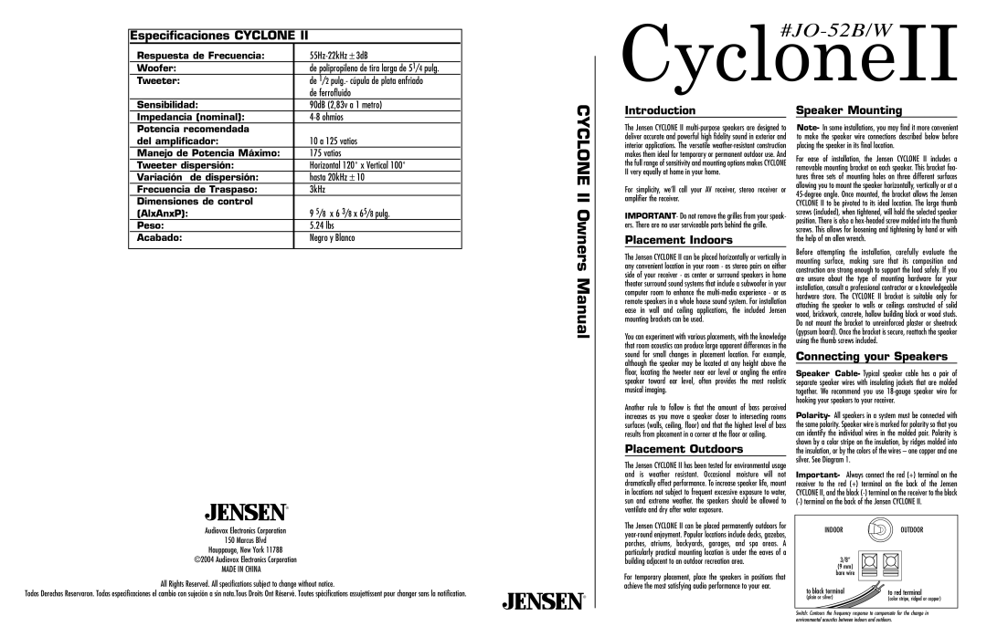 Jensen CYCLONE II owner manual Especificaciones Cyclone 