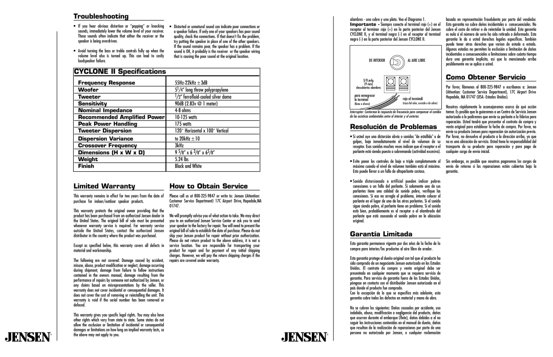 Jensen CYCLONE II owner manual Troubleshooting, Cyclone II Specifications, Resolución de Problemas, Como Obtener Servicio 