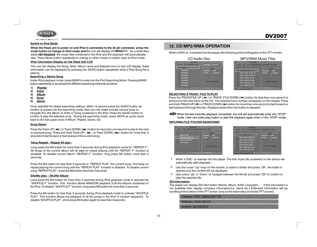 Jensen DV2007 operation manual 12. CD/MP3/WMA Operation, Selectiing a Track / File to Play, MP3/WMA File /FOLDER Searching 