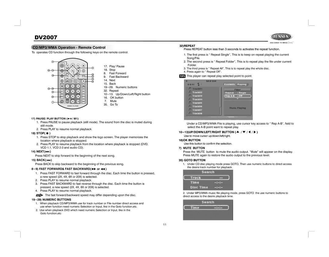 Jensen DV2007 operation manual CD/MP3/WMA Operation Remote Control 