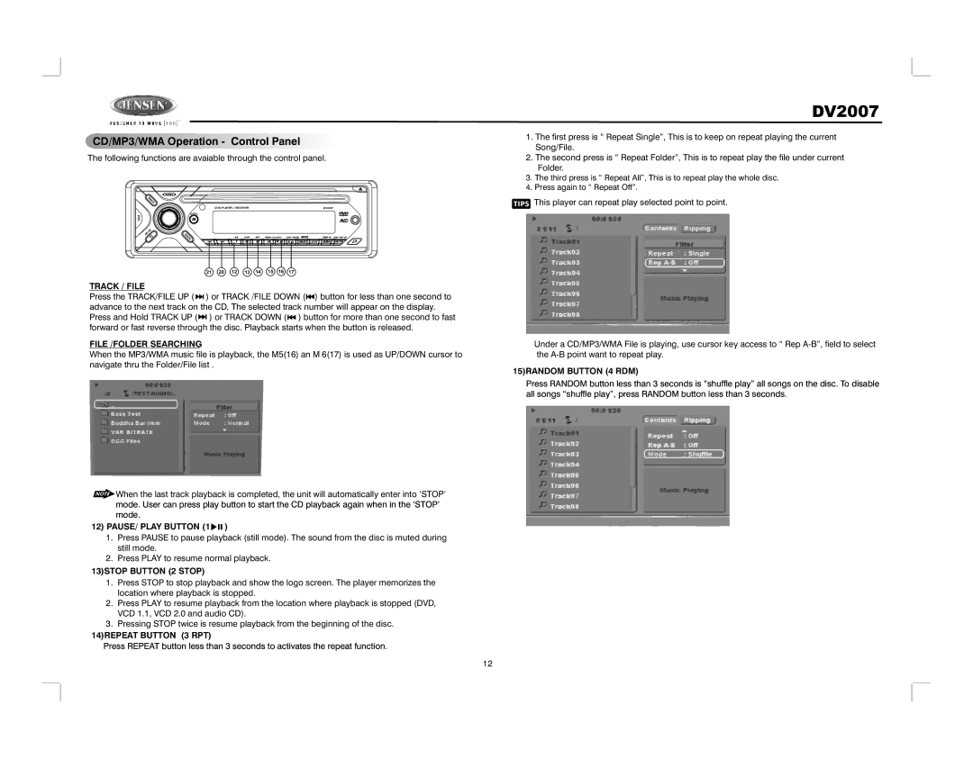 Jensen DV2007 operation manual CD/MP3/WMA Operation Control Panel 