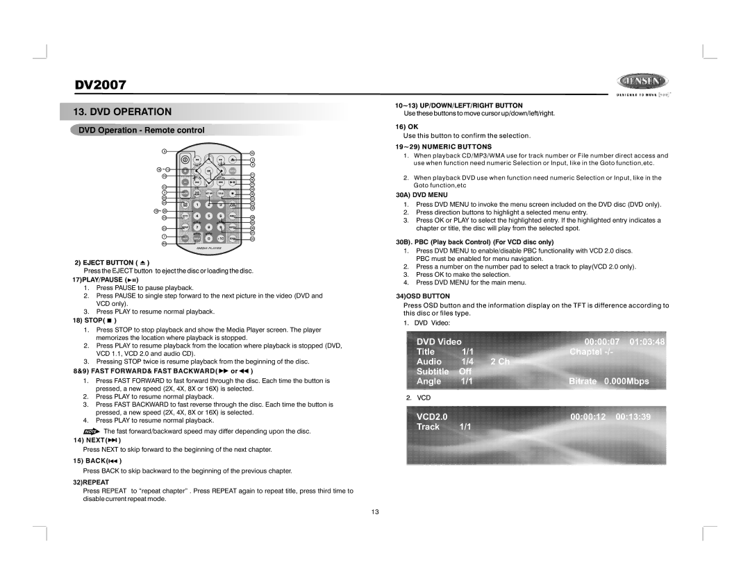 Jensen DV2007 operation manual DVD Operation Remote control 