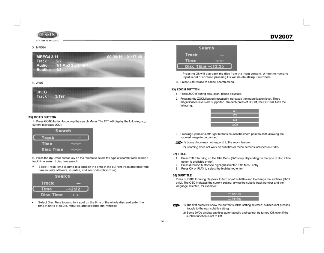 Jensen DV2007 operation manual Zoom Button, Title, Subtitle 