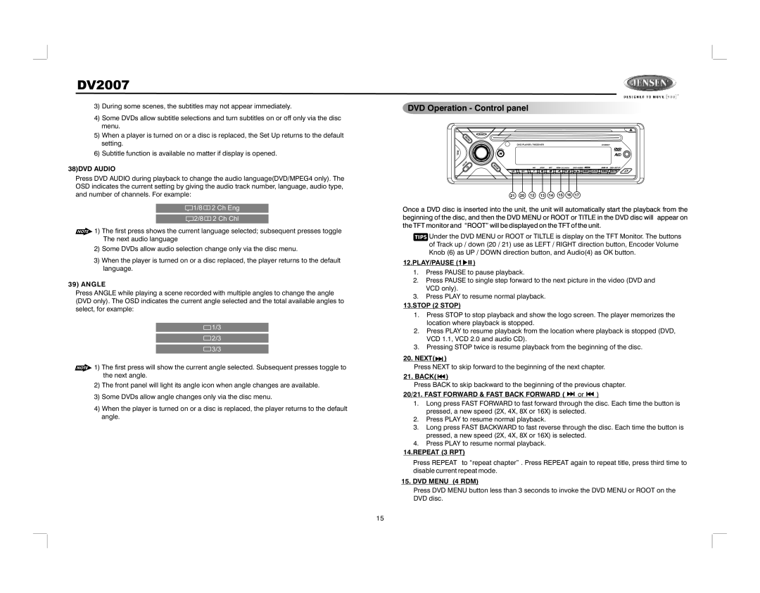 Jensen DV2007 operation manual DVD Operation Control panel, 38DVD Audio, Angle, Repeat 3 RPT 