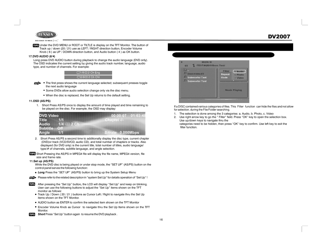 Jensen DV2007 operation manual MULTI-FORMAT Disc, DVD Audio, Osd As/Ps, Set up AS/PS 