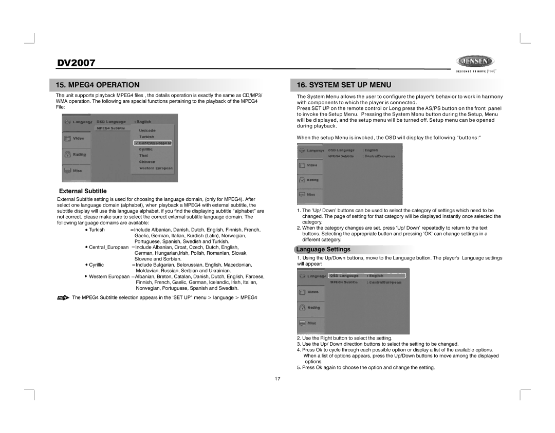 Jensen DV2007 operation manual MPEG4 Operation, System SET UP Menu, External Subtitle, Language Settings 