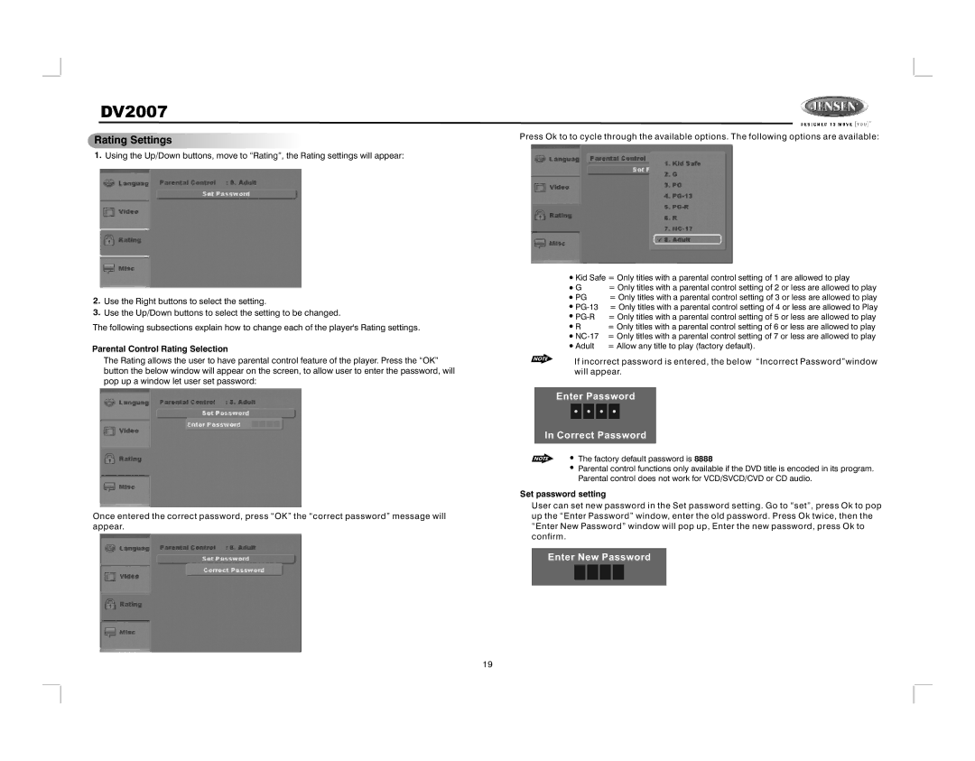 Jensen DV2007 operation manual Rating Settings, Parental Control Rating Selection, Set password setting 