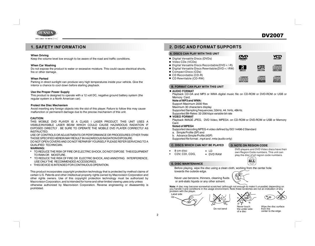 Jensen DV2007 operation manual Safety Information, Disc and Format Supports 