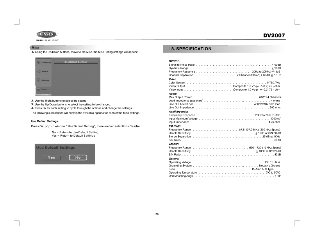 Jensen DV2007 operation manual Specification, Misc 