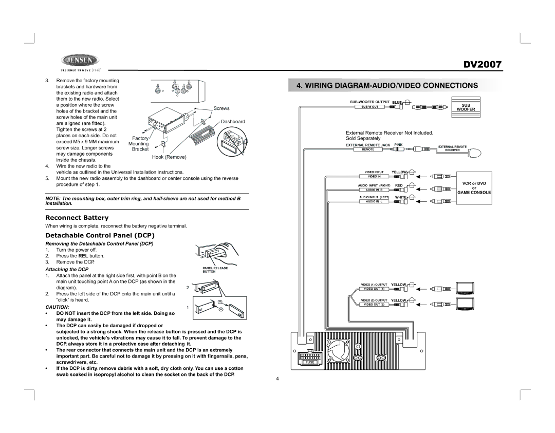 Jensen DV2007 Wiring DIAGRAM-AUDIO/VIDEO Connections, Removing the Detachable Control Panel DCP, Attaching the DCP 