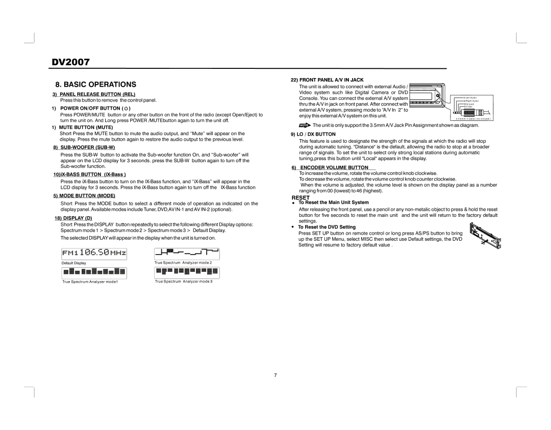 Jensen DV2007 operation manual Basic Operations 