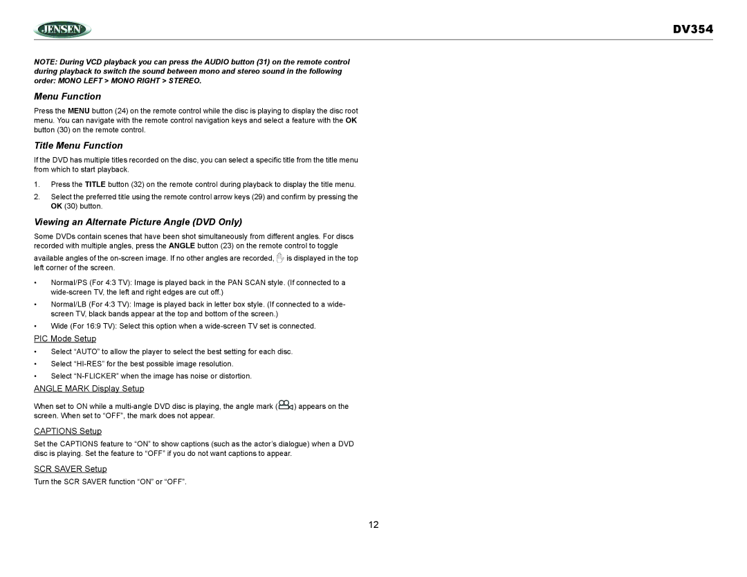 Jensen DV354 owner manual Title Menu Function, Viewing an Alternate Picture Angle DVD Only 