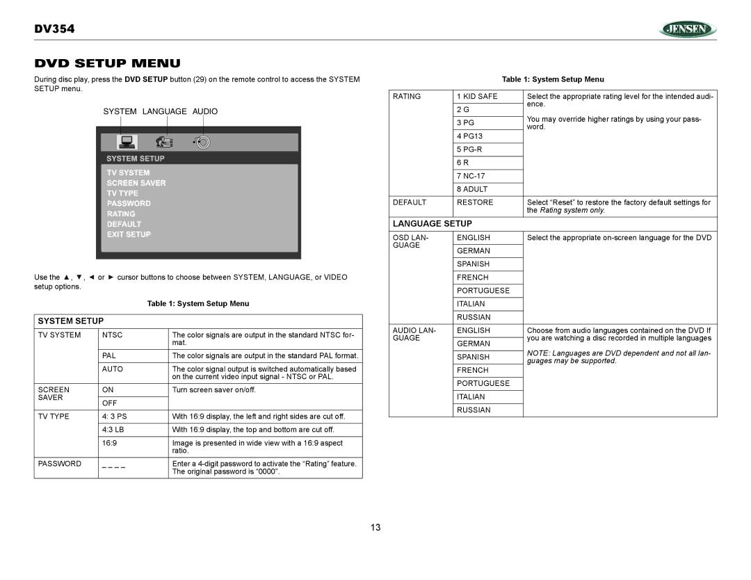 Jensen DV354 owner manual DVD Setup Menu, System Setup Menu 