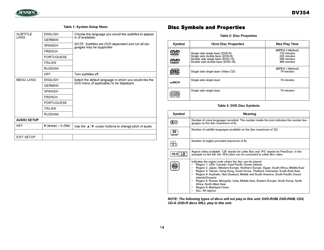 Jensen DV354 owner manual Disc Symbols and Properties, Disc Properties Symbol 12cm Disc Properties Max Play Time 