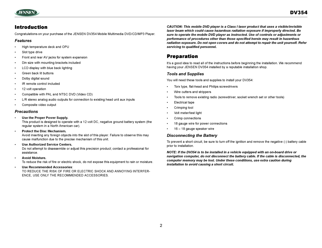 Jensen owner manual DV354 Introduction, Preparation 