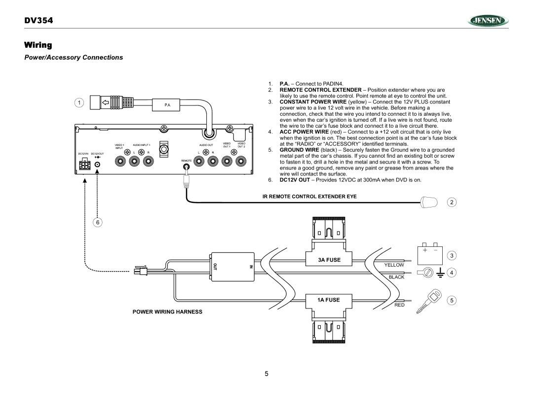 Jensen owner manual DV354 Wiring, Power/Accessory Connections 