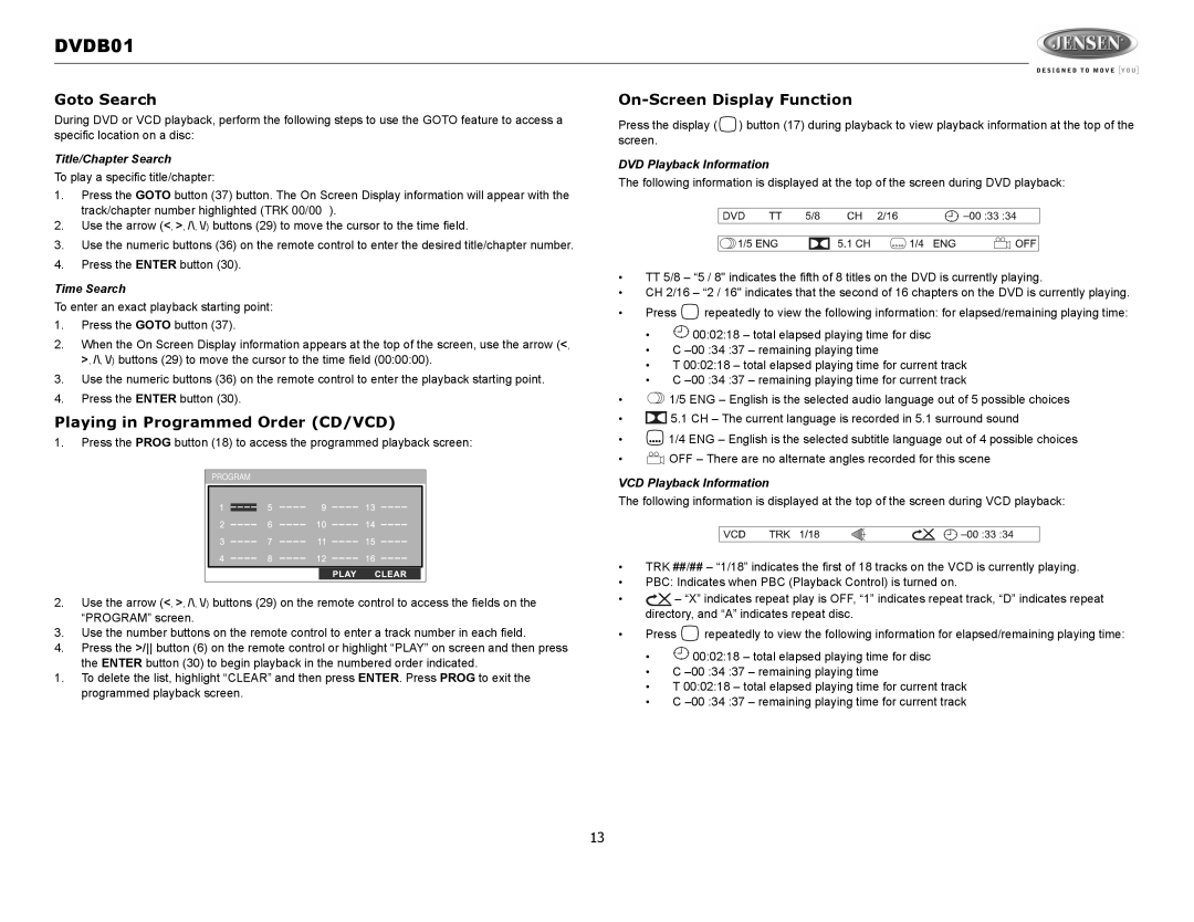 Jensen DVDB01 operation manual Goto Search, Playing in Programmed Order CD/VCD, On-Screen Display Function 