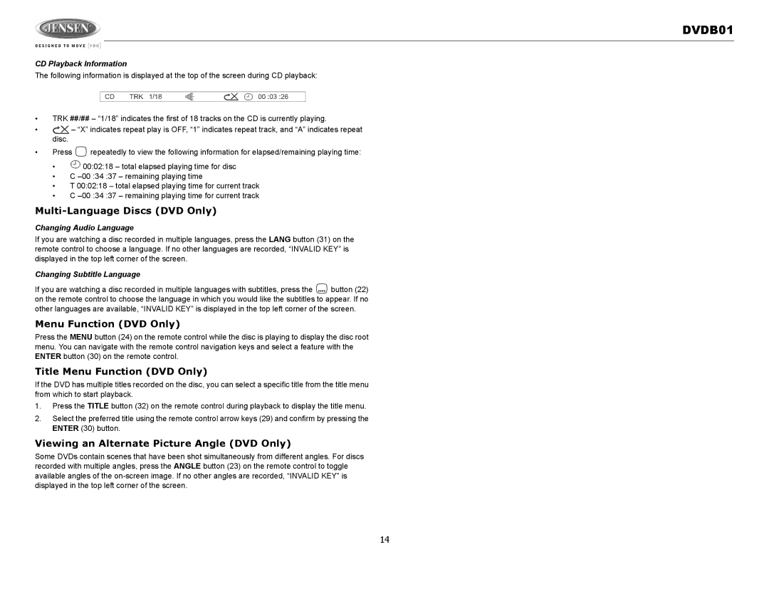 Jensen DVDB01 Multi-Language Discs DVD Only, Title Menu Function DVD Only, Viewing an Alternate Picture Angle DVD Only 