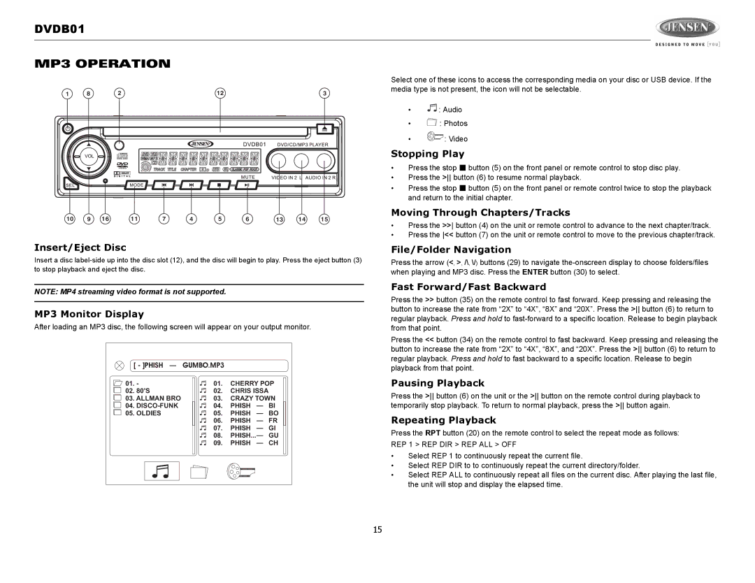 Jensen operation manual DVDB01 MP3 Operation, Insert/Eject Disc, MP3 Monitor Display, File/Folder Navigation 