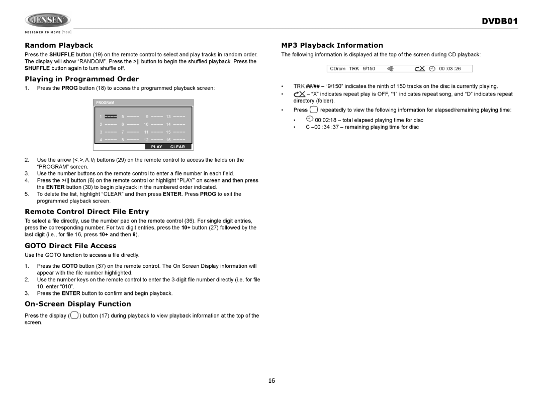 Jensen DVDB01 Random Playback MP3 Playback Information, Playing in Programmed Order, Remote Control Direct File Entry 