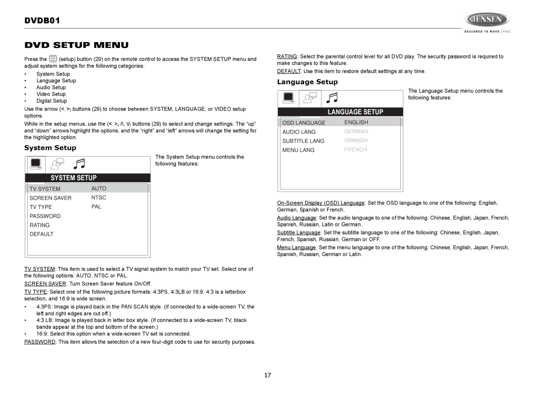 Jensen operation manual DVDB01 DVD Setup Menu, Language Setup, System Setup 