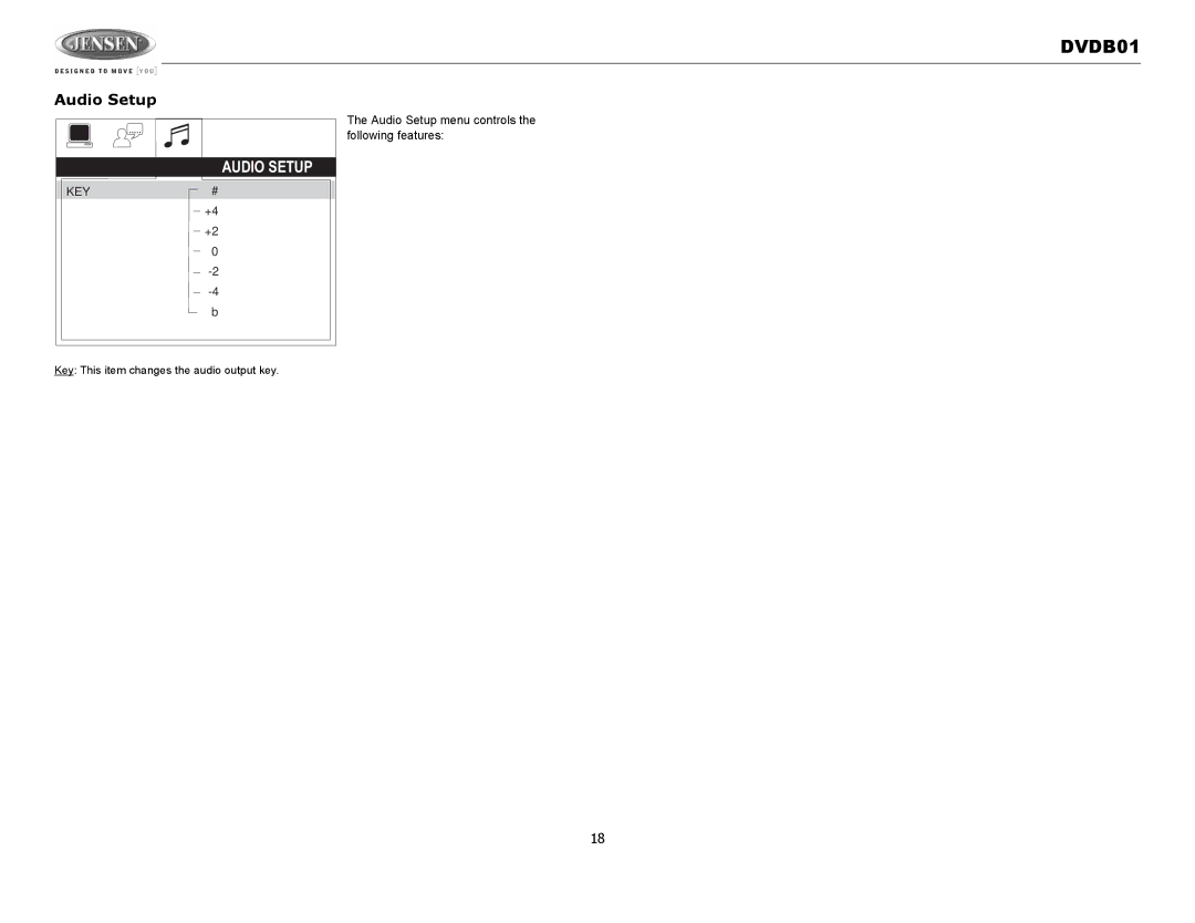 Jensen DVDB01 operation manual Audio Setup, Key 